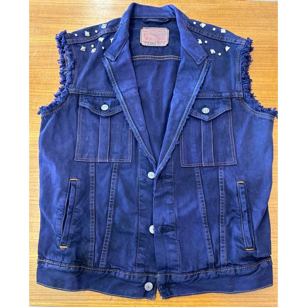 Vintage Levis Denim Vest Size M Blue Fringed Sleeves Studded Punk Rock Custom